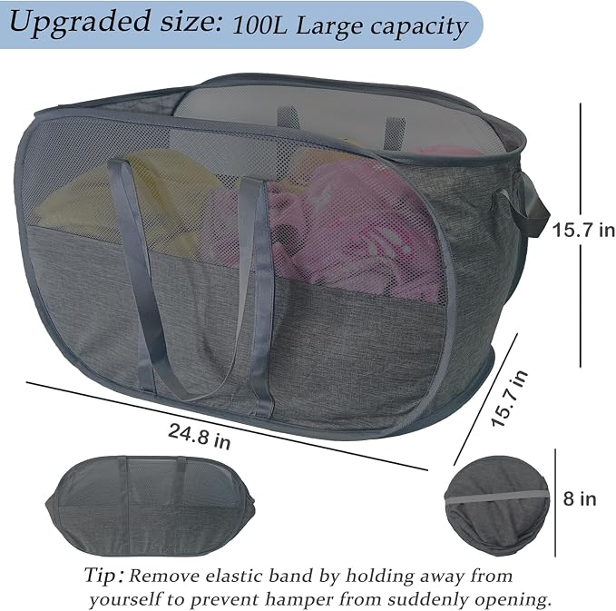 Upgraded 100L Collapsible Laundry Basket, Extra Large Mesh Pop Up Laundry Hamper - Image 2