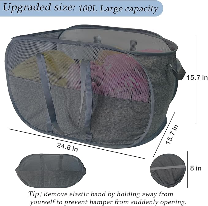 Extra Large Mesh Pop Up Laundry Hamper 2 Pack, 100L Collapsible Laundry Baskets - Image 2