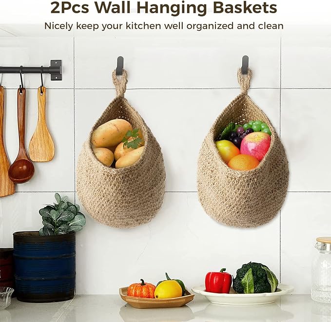 2Pcs Jute Hanging Fruit Baskets, Kitchen Vegetable Wall Storage Organizer | - Image 2