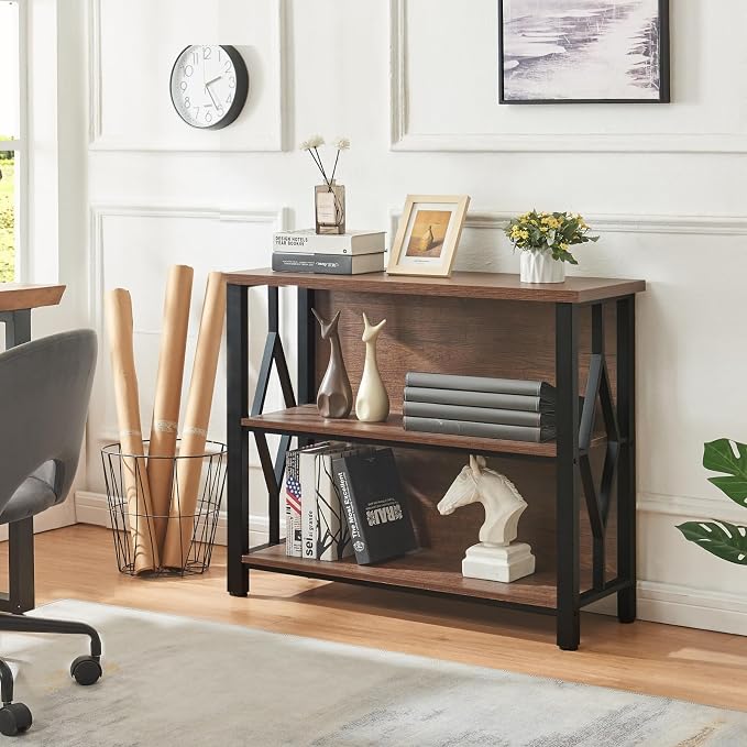 HOMISSUE Bookshelf, 3-Tier Rustic Short Bookshelf, Industrial Shelf Bookcase - Image 7