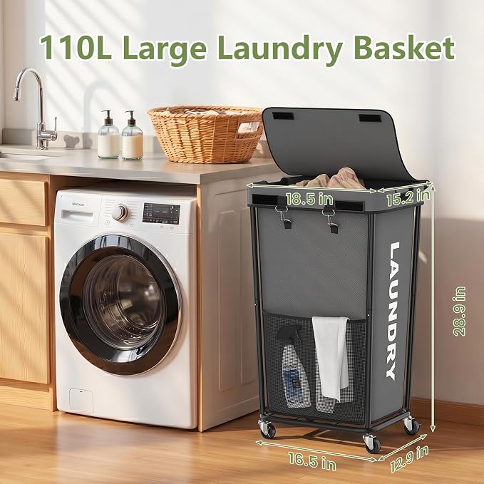 Laundry Hamper with Wheels and Lid, 110L Heavy Duty Rolling Laundry Basket - Image 2