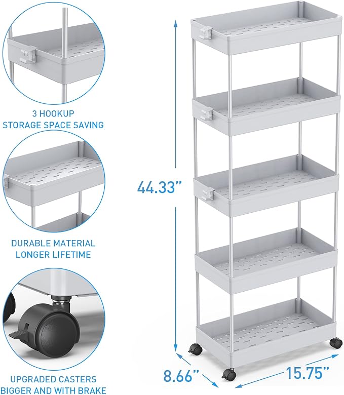 SPACEKEEPER 5-Tier Rolling Cart, Bathroom Storage Organizer Utility Cart - Image 3