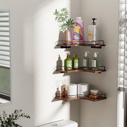 L-Shaped Corner Floating Shelves Set of 3, Rustic Wood Wall Mounted Storage - Image 2