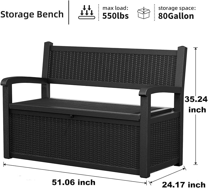 PatioZen 80 Gallon Outdoor Storage Bench Deck Box Waterproof Lockable, Outdoor - Image 6
