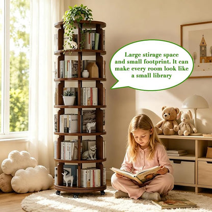 6 Tier 360° Rotating Solid Wood Bookshelf - Image 5