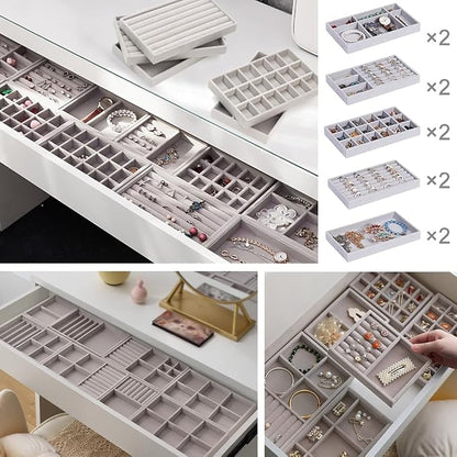10 Pack Jewelry Organizer Tray Drawer Inserts Stackable Velvet Liner Dividers - Image 2