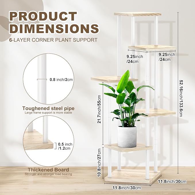 6 Tier Plant Stand Indoor, Thickened Metal Wood Corner Plant Shelf Stands - Image 2