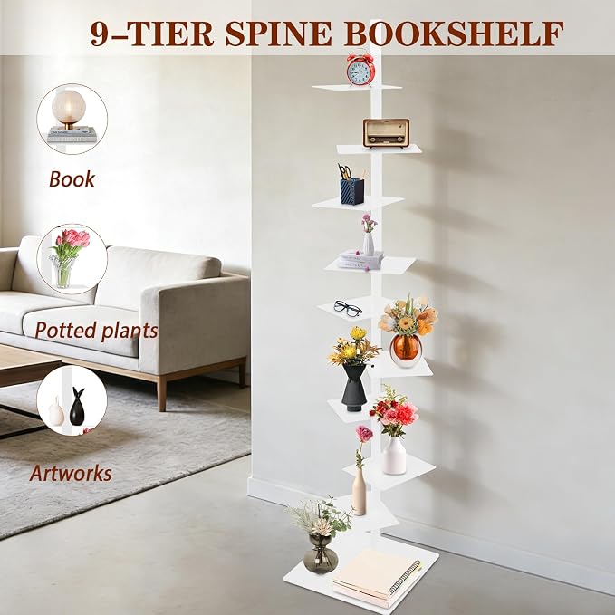 9 Tier Metal Spine Bookshelf Tower, Adjustable Vertical Tower - Image 4