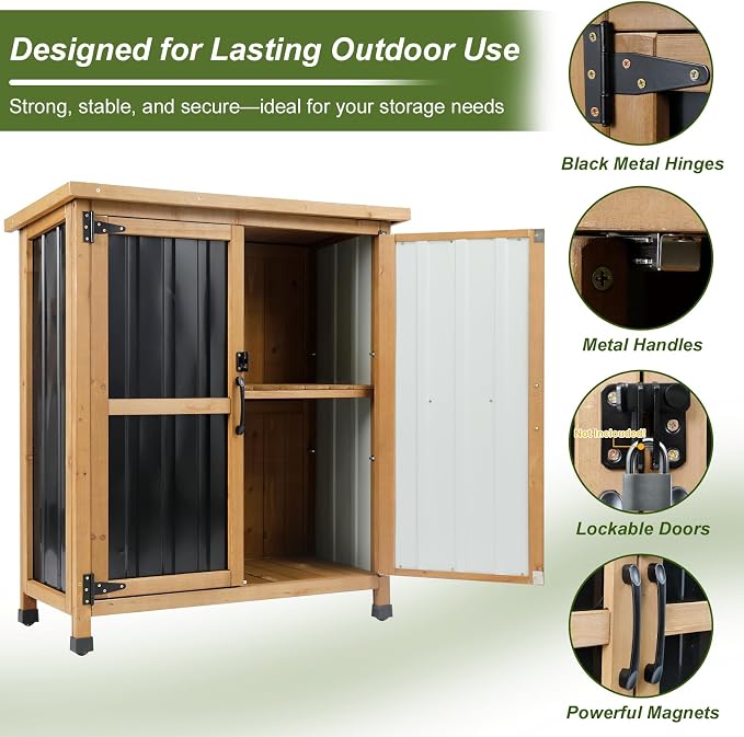 Ketive Outdoor Storage Cabinet, Wood & Metal Small Garden Tool Storage Cabinet - Image 7