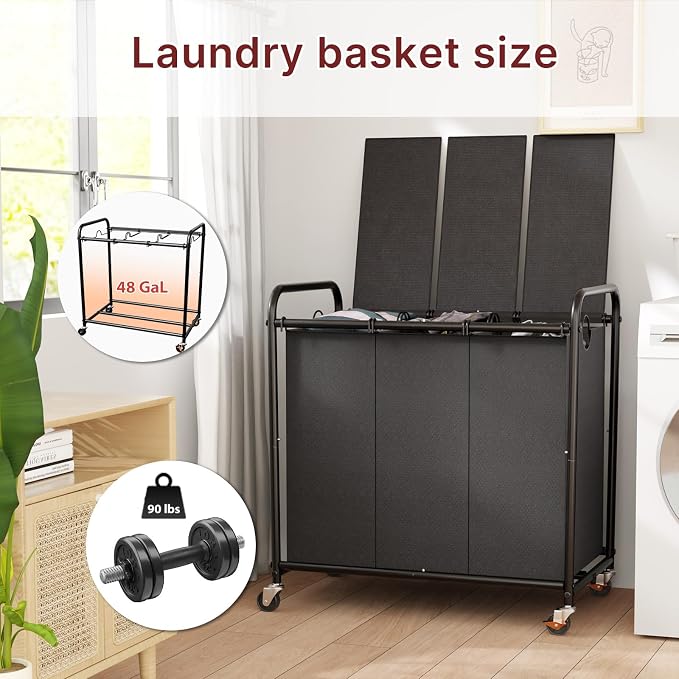 180L Laundry Sorter 3 Section – Heavy Duty Rolling Laundry Basket - Image 2