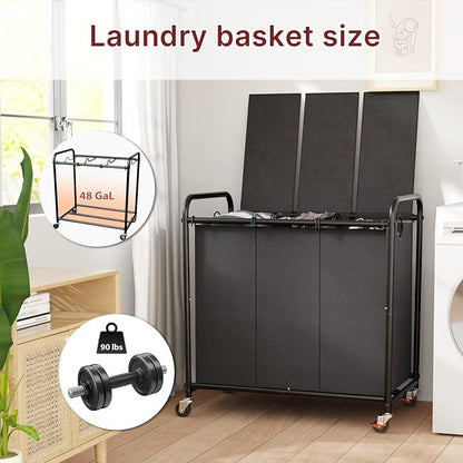 180L Laundry Sorter 3 Section – Heavy Duty Rolling Laundry Basket - Image 2