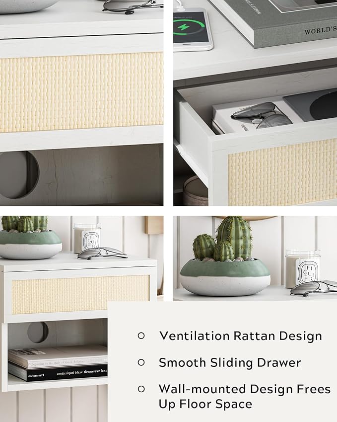 Rattan Floating Nightstands Set of 4, Wall Mounted End Table - Image 3