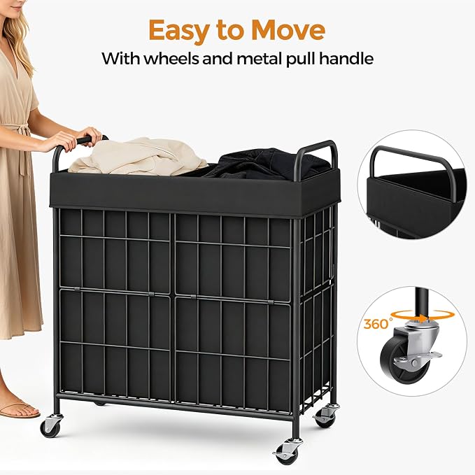 2 Section Laundry Hamper with Wheels and Brake, 100L Laundry Sorter Cart with 2 - Image 6