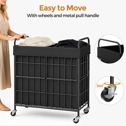 2 Section Laundry Hamper with Wheels and Brake, 100L Laundry Sorter Cart with 2 - Image 6