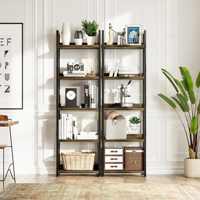 NUMENN Narrow Bookshelf, 5 Tier Freestanding Shelving Unit, Dark Walnut | Metal - Image 4
