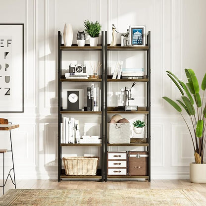 NUMENN Narrow Bookshelf, 5 Tier Freestanding Shelving Unit, Dark Walnut | Metal - Image 4