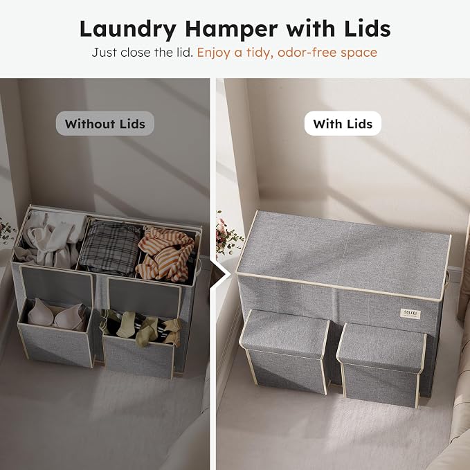 SOLEDI 220L Laundry Hamper 3 Section, Extra Large Laundry Basket - Image 6