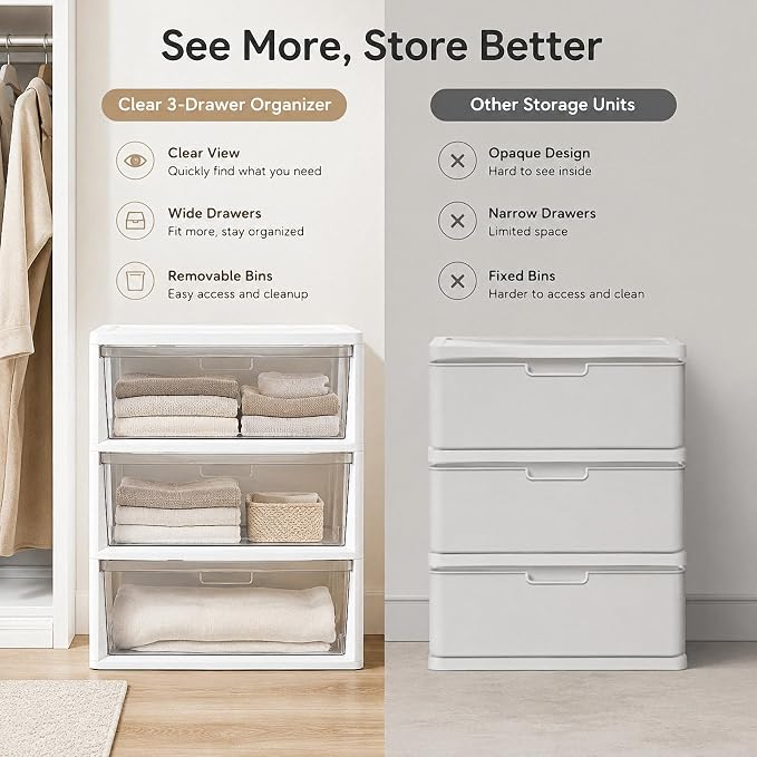 3 Drawer Plastic Storage Tower Wide Organizer - Image 7