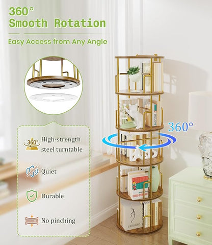 5 Tier Round Rotating Bookshelf Tower Gold, 62” Tall Space Saving Spinning - Image 3