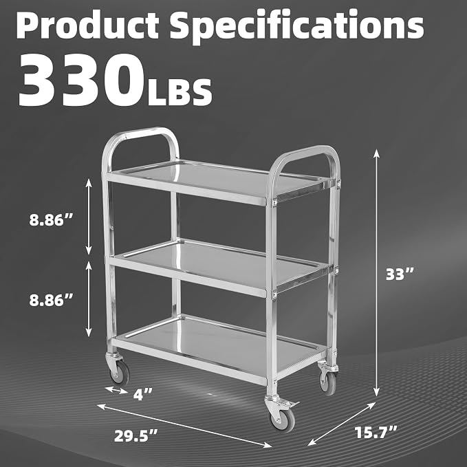 Stainless Steel Cart on Wheels, 3-Tier Stainless Steel Utility Cart - Image 4