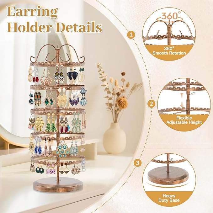 MODOWEY 5 Tier Rotating Earring Holder Organizer Stand, Adjustable Metal - Image 5