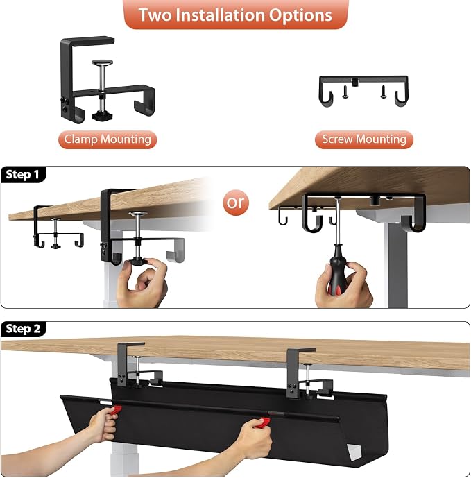 Univivi No Drill Under Desk Cable Management Tray, Clamp/Screw Mount Desk Cable - Image 6