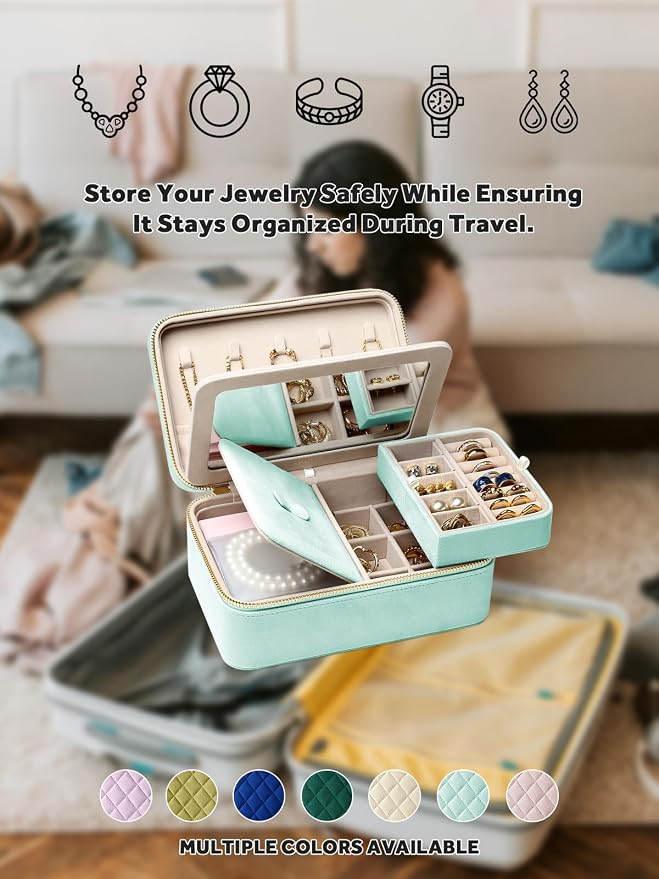 Velvet Travel Jewelry Box with Large Mirror, Double-Layer Jewelry Organizer Case - Image 8