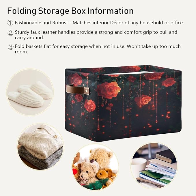 Red Roses Black Storage Bins Box Foldable Shelf Basket - Image 5