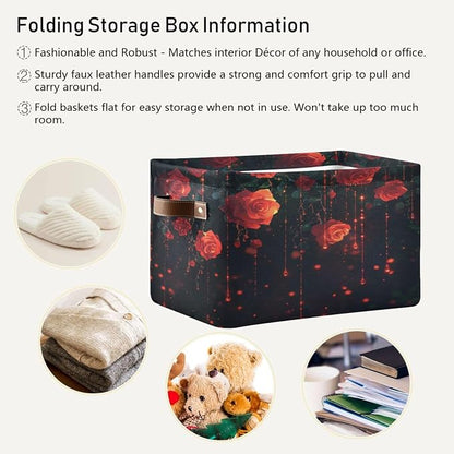 Red Roses Black Storage Bins Box Foldable Shelf Basket - Image 5