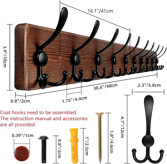 Large Coat Rack Wall Mount 38.6'' Rustic Wood Coat Rack Hook Long Coat Hooks - Image 2