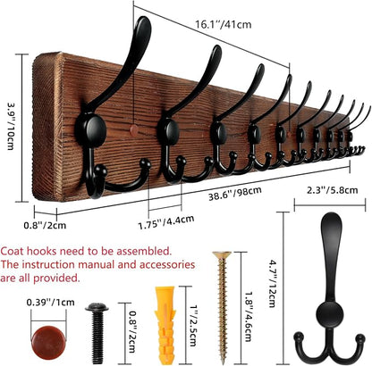 Large Coat Rack Wall Mount 38.6'' Rustic Wood Coat Rack Hook Long Coat Hooks - Image 2