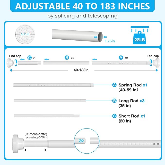 MEXAU White Shower Curtain Rod 40-183 Inch Adjustable 1.26 Inch Diameter - Image 3