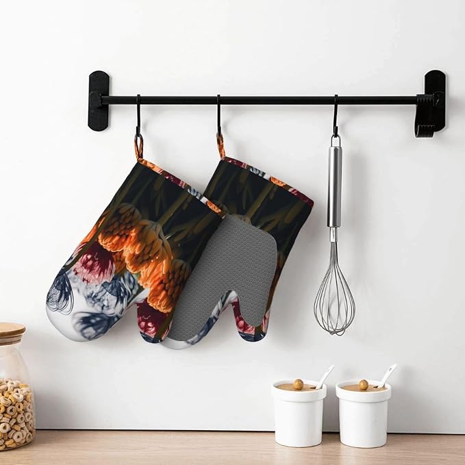 Flowers Print Oven Mitts Set of 2, Heat Resistant Silicone Oven Mittens Gloves - Image 7