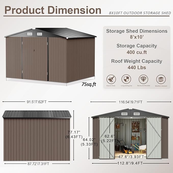 Aoxun 9.4x7.3x6.5 FT Outdoor Metal Storage Shed - Image 7