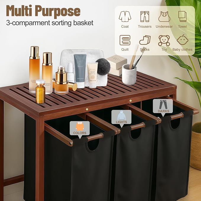 Bamboo Laundry Hamper 3 Section - Image 2