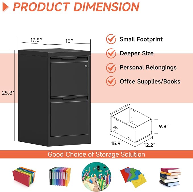 Metal Filing Cabinet With Lock, Vertical 2 Drawer Cabinet - Image 2