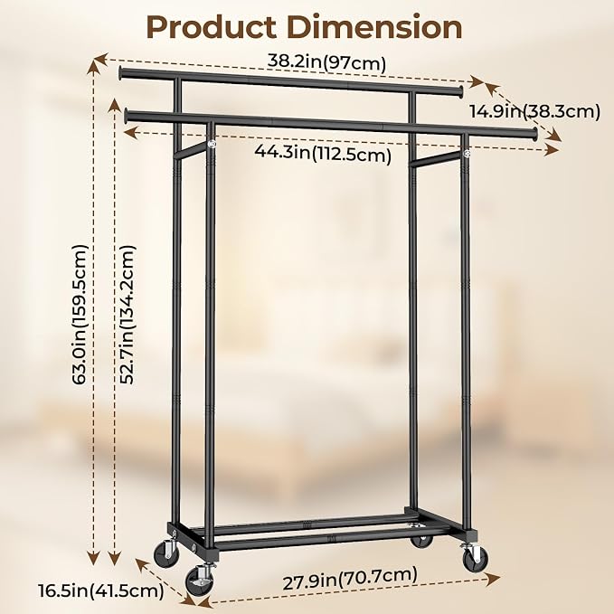 HYSEYY Double Rods Clothes Rack, Rolling Clothing Rack - Image 7