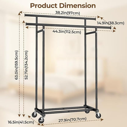 HYSEYY Double Rods Clothes Rack, Rolling Clothing Rack - Image 7