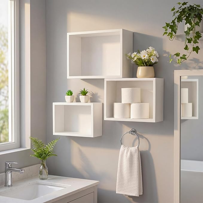 Novabright 3 Set Floating Cube Shelves Wall Mounted Wood Decor, Hanging Storage - Image 6