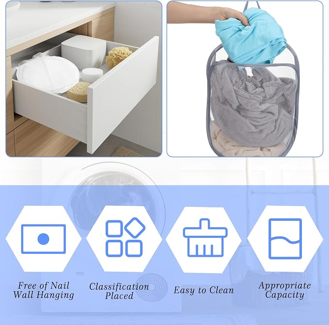 Ouligay 2Pcs Hanging Laundry Hamper Bag, Mesh Hanging Laundry Basket, Foldable - Image 7