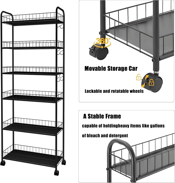 6-Tier Slim Storage Cart with Wheels, 10in Wide Black Narrow Rolling Shelf - Image 7