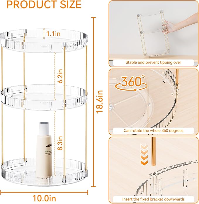Yieach Acrylic 360 Rotating Makeup Organizer and Perfume Organizer, 3 Tier Make - Image 3