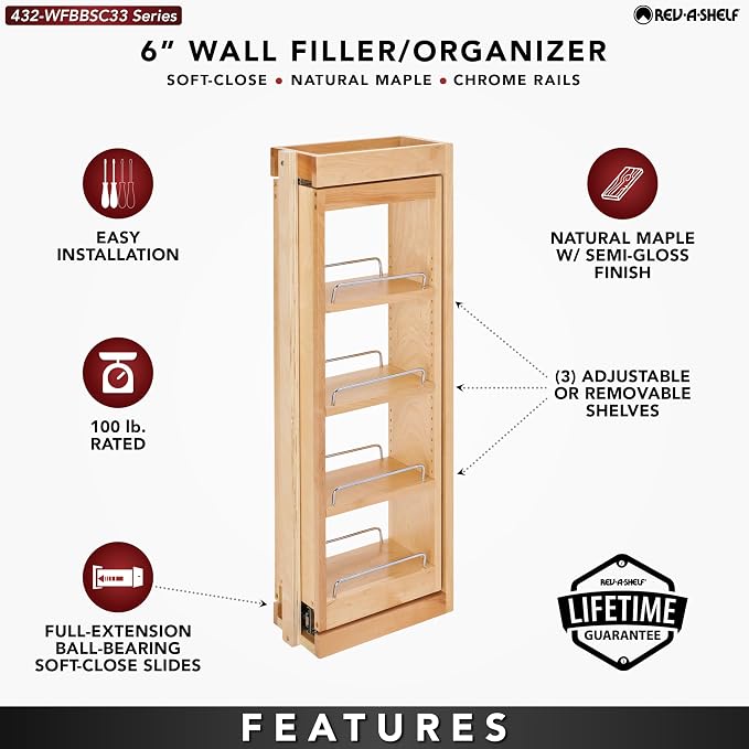 Rev-A-Shelf Kitchen Cabinet Pullout Wall Filler Wooden Organizer Slide Out - Image 4