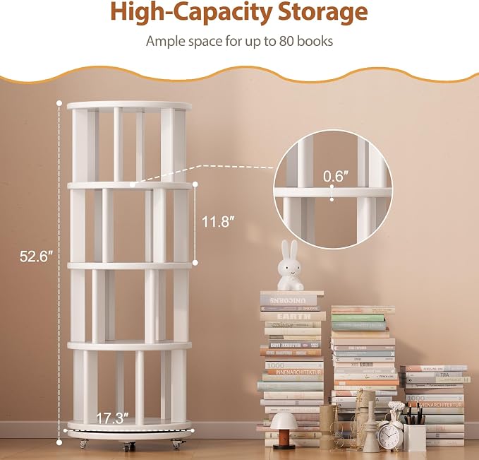 Solid Wood Rotating Bookshelf on Wheels, 4 Tier, Round Revolving Bookcase - Image 2