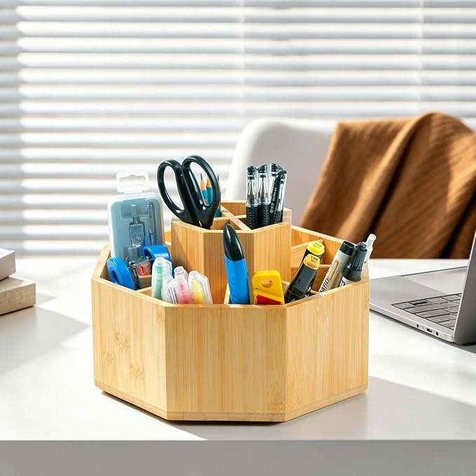 VaeFae 360° Rotating Bamboo Pen Holder Desk Art Supply Organizer | 9-12 Slots - Image 6