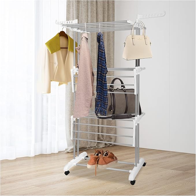 Bigzzia 3 Tier Folding Drying Rack Clothing Clothes Horses Rack Stainless Steel - Image 2