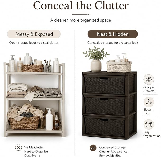 3 Drawer Wide Storage Tower, Cross-Weave Plastic, Espresso Brown | Tool-Free - Image 5
