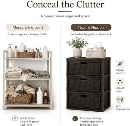 3 Drawer Wide Storage Tower, Cross-Weave Plastic, Espresso Brown | Tool-Free - Image 5