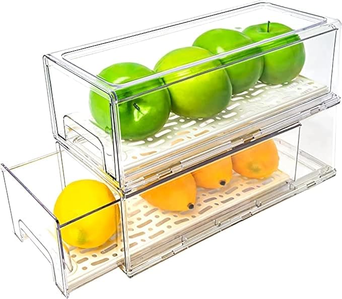 2 Pack Stackable Refrigerator Drawers Pull Out Bins Clear Fridge Drawer by MANO