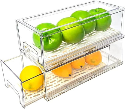 2 Pack Stackable Refrigerator Drawers Pull Out Bins Clear Fridge Drawer by MANO